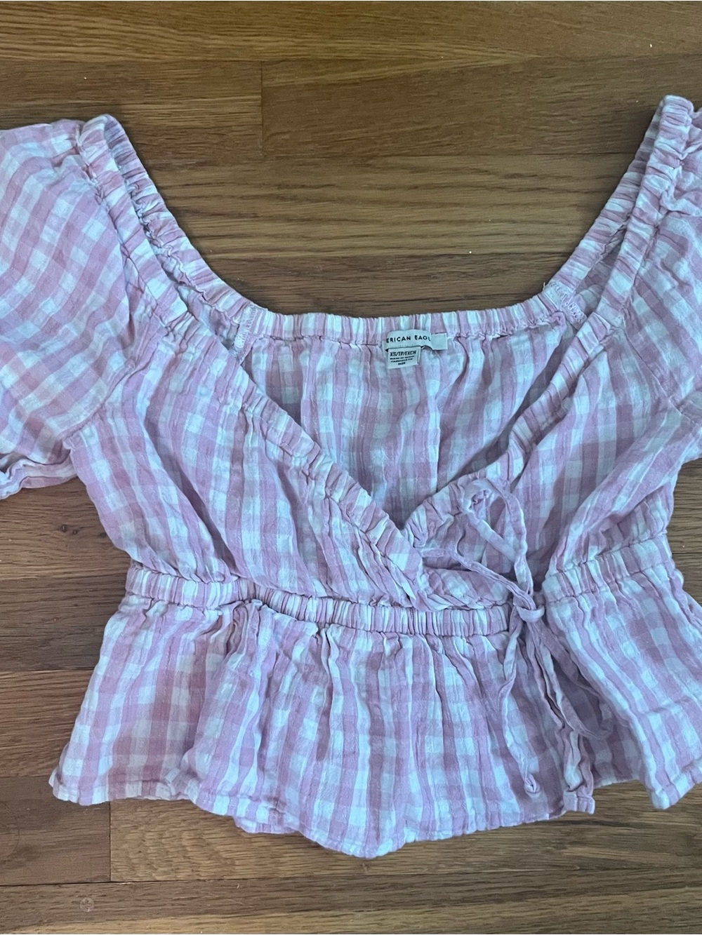 American Eagle Outfitters Pink Gingham Wrap Top with Peplum